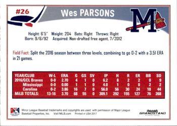 2017 Grandstand Mississippi Braves #21 Wes Parsons Back
