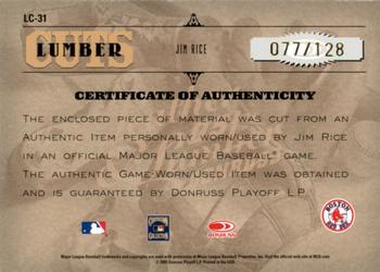 2005 Donruss Leather & Lumber - Lumber Cuts Jersey #LC-31 Jim Rice Back