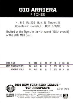 2018 Choice New York-Penn League Top Prospects #09 Gio Arriera Back