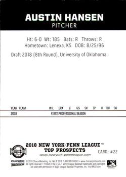 2018 Choice New York-Penn League Top Prospects #22 Austin Hansen Back