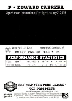 2017 Choice New York-Penn League Top Prospects #05 Edward Cabrera Back