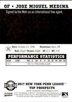 2017 Choice New York-Penn League Top Prospects #08 Jose Miguel Medina Back
