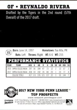 2017 Choice New York-Penn League Top Prospects #10 Reynaldo Rivera Back
