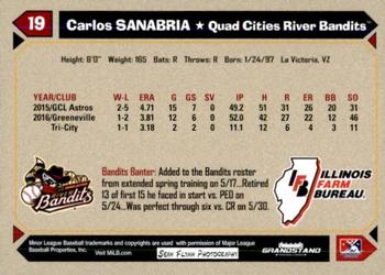 2017 Grandstand Quad Cities River Bandits SGA #NNO Carlos Sanabria Back