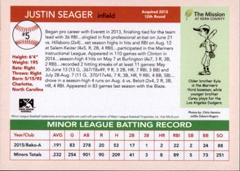 2016 Bakersfield Blaze Team Issue #NNO Justin Seager Back