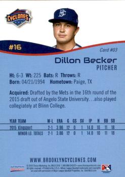 2016 Choice Brooklyn Cyclones #3 Dillon Becker Back