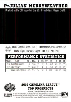 2016 Choice Carolina League Top Prospects #11 Julian Merryweather Back