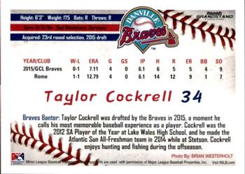 2016 Grandstand Danville Braves #6 Taylor Cockrell Back