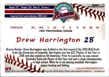 2016 Grandstand Danville Braves #14 Drew Harrington Back