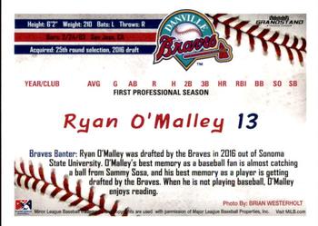 2016 Grandstand Danville Braves #32 Ryan O'Malley Back