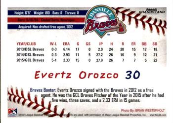 2016 Grandstand Danville Braves #33 Evertz Orozco Back