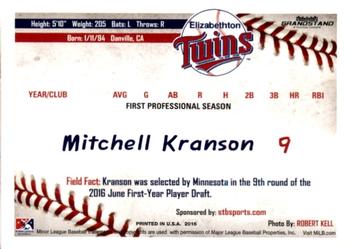 2016 Grandstand Elizabethton Twins #17 Mitchell Kranson Back
