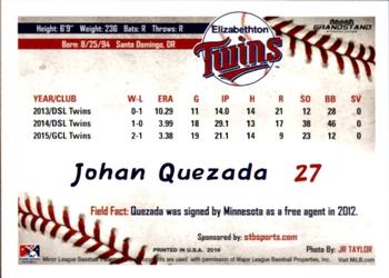 2016 Grandstand Elizabethton Twins #29 Johan Quezada Back