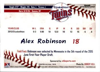 2016 Grandstand Elizabethton Twins #30 Alex Robinson Back