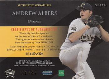 2018 Epoch Orix Buffaloes Stars & Legends - Autographs Horizontal Gold #SG-AAAL Andrew Albers Back