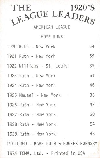 1974 TCMA 1920's League Leaders #NNO Babe Ruth / Rogers Hornsby Back