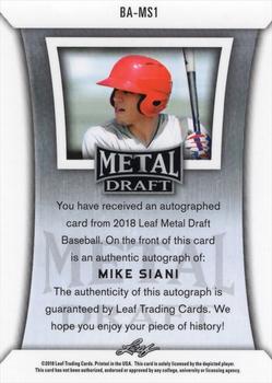 2018 Leaf Metal Draft #BA-MS1 Mike Siani Back