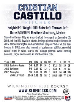 2018 Choice Wilmington Blue Rocks #9 Cristian Castillo Back