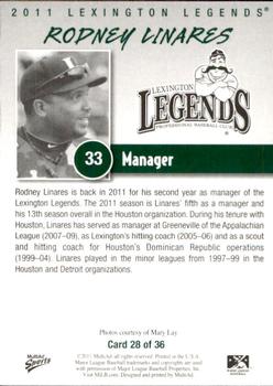 2011 MultiAd Lexington Legends #28 Rodney Linares Back