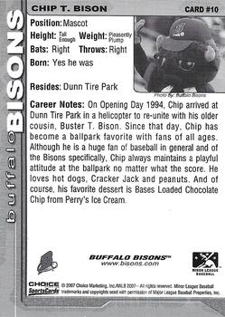 2007 Choice Buffalo Bisons Update #10 Chip T. Bison Back