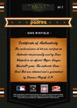 2005 Donruss Prime Patches - Hall of Fame Materials Bat #HF-7 Dave Winfield Back