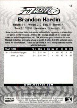 2013 Choice Winston-Salem Dash #13 Brandon Hardin Back