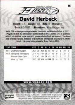 2013 Choice Winston-Salem Dash #16 David Herbeck Back