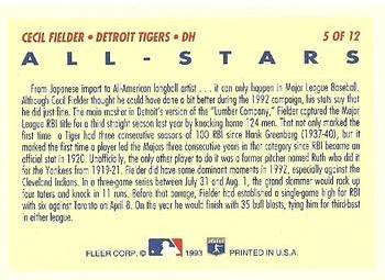 1993 Fleer - All-Stars (Series Two American League) #5 Cecil Fielder Back