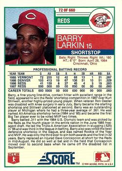 1988 Score - Promos #72 Barry Larkin Back
