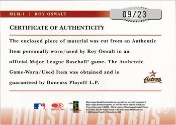 2005 Donruss Prime Patches - Major League Materials Jumbo Swatch #MLM-1 Roy Oswalt Back