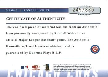 2005 Donruss Prime Patches - Major League Materials Jumbo Swatch #MLM-40 Rondell White Back