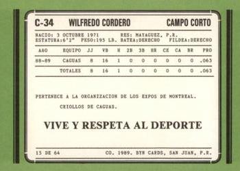 1988-89 BYN Puerto Rico Winter League Update #15 Wilfredo Cordero Back