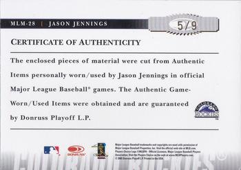 2005 Donruss Prime Patches - Major League Materials Triple Patch #MLM-28 Jason Jennings Back