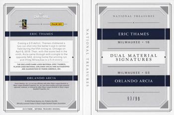2018 Panini National Treasures - Dual Material Signature Booklets #DMS-MIL Eric Thames / Orlando Arcia Back