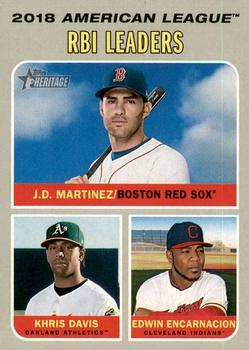 2019 Topps Heritage #64 2018 A.L. RBI Leaders (J.D. Martinez / Khris Davis / Edwin Encarnacion) Front