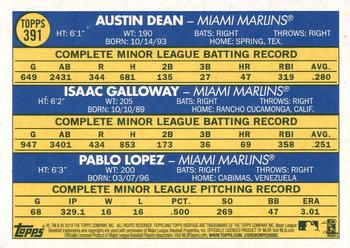 2019 Topps Heritage #391 Marlins 2019 Rookie Stars (Austin Dean / Isaac Galloway / Pablo Lopez) Back