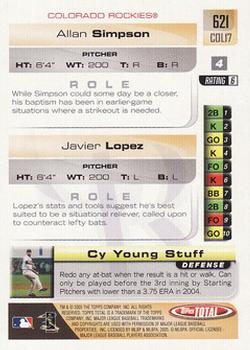 2005 Topps Total #621 Javier Lopez / Allan Simpson Back