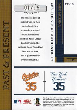 2005 Donruss Prime Patches - Past and Present Team Logo Patch #PP-18 Mike Mussina Back