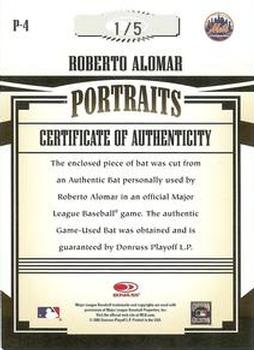 2005 Donruss Prime Patches - Portraits Autograph Bat #P-4 Roberto Alomar Back