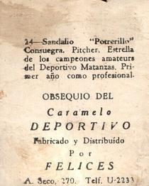 1945-46 Caramelo Deportivo Cuban League #24 Sandalio Consuegra Back