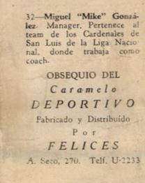 1945-46 Caramelo Deportivo Cuban League #32 Miguel Gonzalez Back