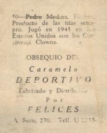 1945-46 Caramelo Deportivo Cuban League #50 Lazaro Medina Back