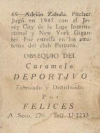 1945-46 Caramelo Deportivo Cuban League #69 Adrian Zabala Back