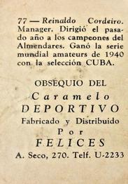 1945-46 Caramelo Deportivo Cuban League #77 Reinaldo Cordeiro Back
