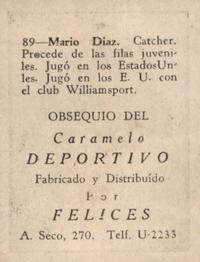 1945-46 Caramelo Deportivo Cuban League #89 Mario Diaz Back