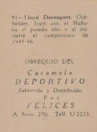 1945-46 Caramelo Deportivo Cuban League #91 Lloyd Davenport Back