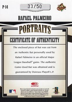2005 Donruss Prime Patches - Portraits Bat #P-14 Rafael Palmeiro Back