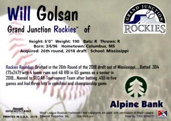 2018 Grandstand Grand Junction Rockies #NNO Will Golsan Back