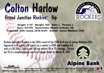 2018 Grandstand Grand Junction Rockies #NNO Colton Harlow Back
