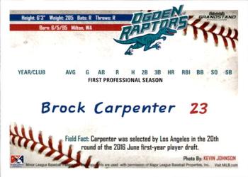 2016 Grandstand Ogden Raptors #NNO Brock Carpenter Back